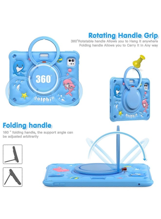 جراب لجهاز iPad Air 11 (2025/2024) / Pro 11 (2022) مقاس 10.9 بوصة للأطفال الأولاد، غطاء متين وقوي بتصميم بطة كرتونية لطيفة مع قلم + حامل دوار + حزام، أزرق - Image 2